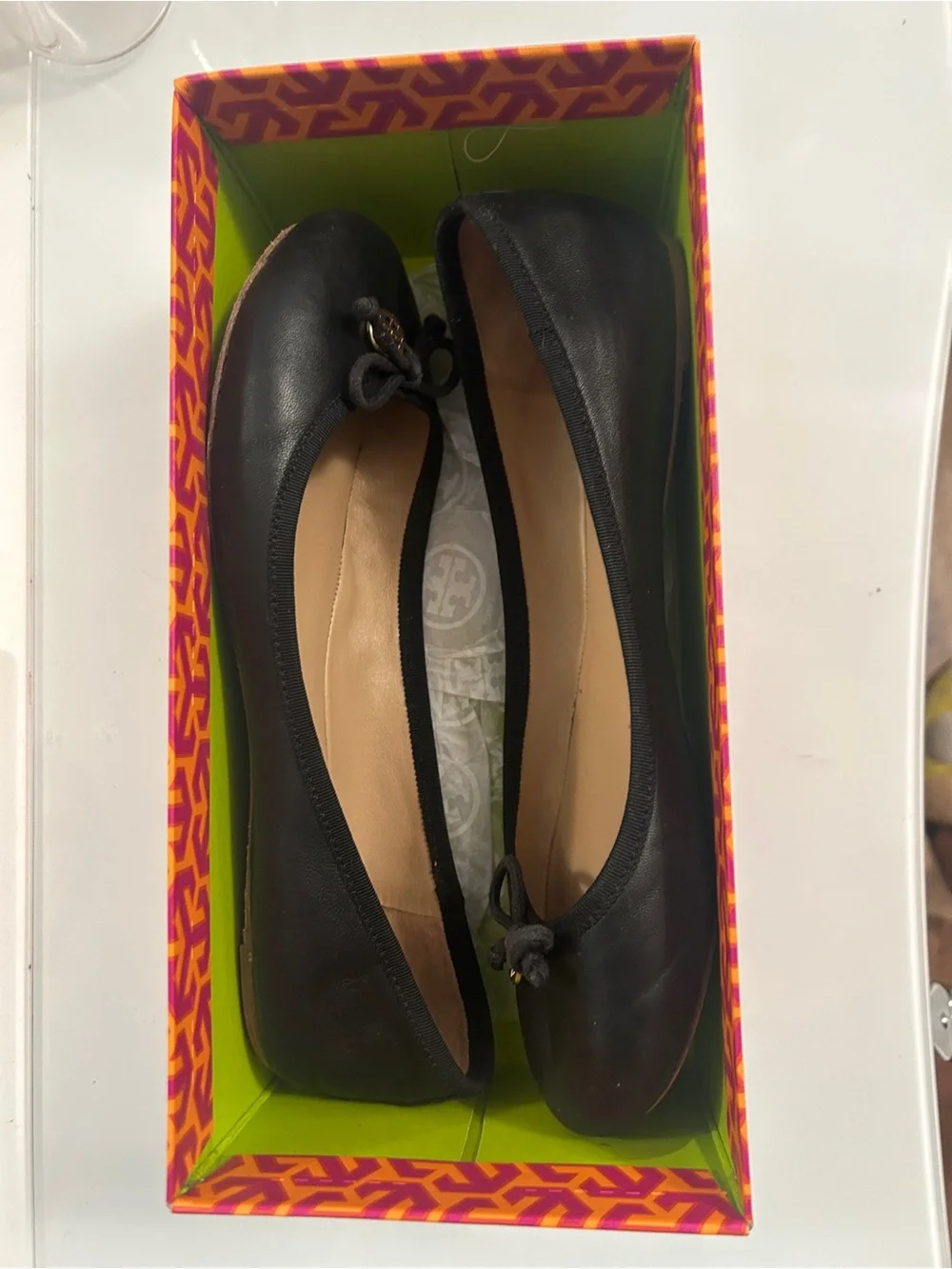 Tory Burch Black Leather Ballet Flats with Gold Logo Charms